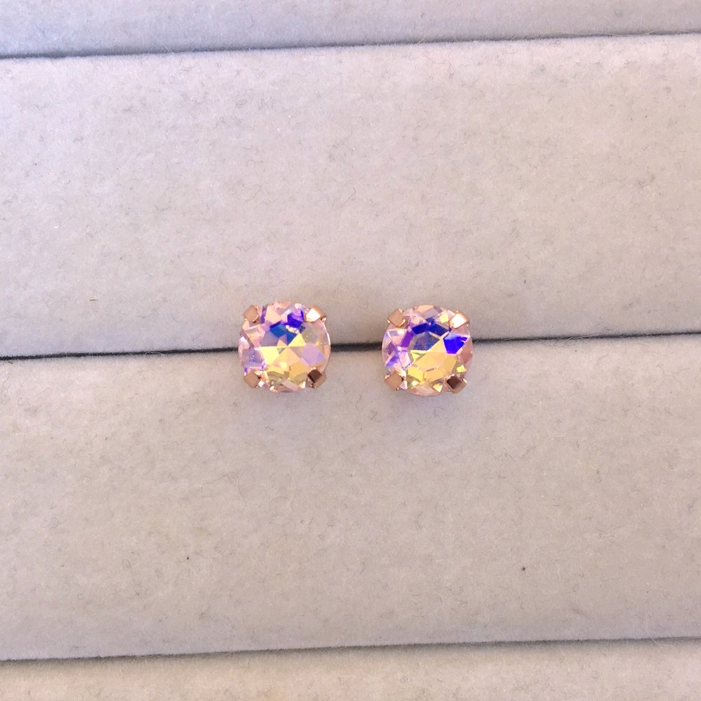 Topaz Pink Aurora Borealis + Rose Gold Crystal Earrings